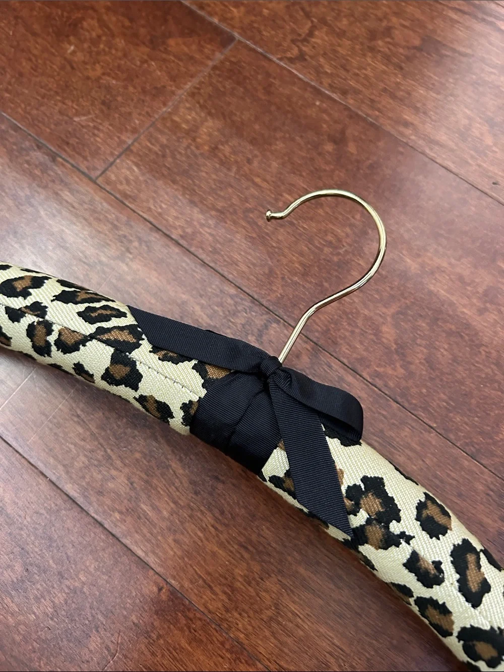 Animal Leopard Print Padded Hangers with Black Bows and Gold Hardware, Set of 5